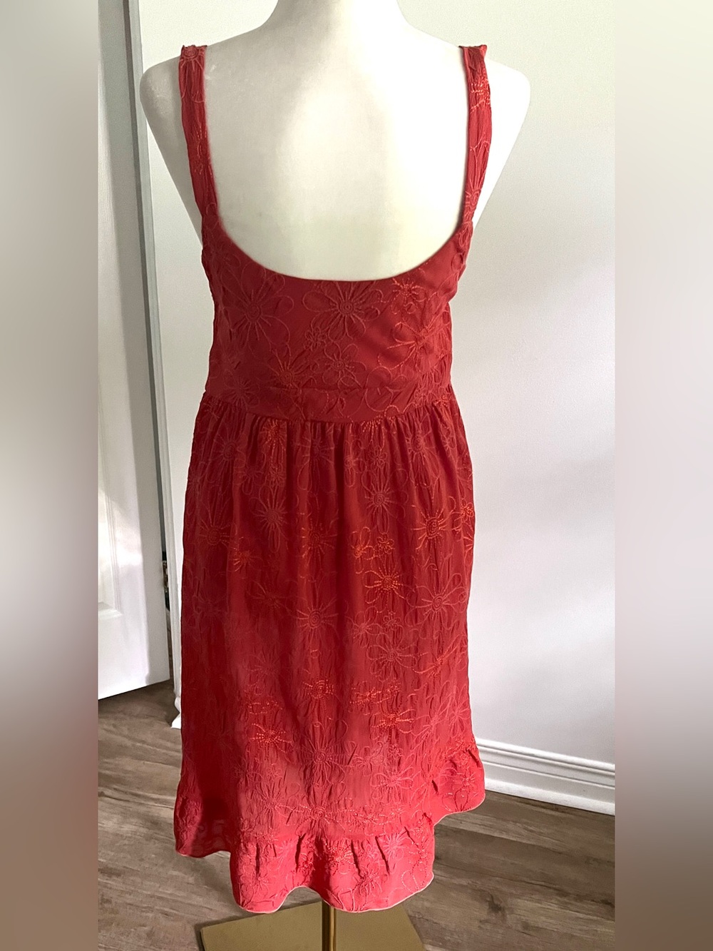 🇨🇦Burnt Orange Floral Embroidered Knee-Length Dress Ruffle Hem Romantic Festival - Picture 10 of 12